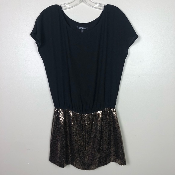 Express Y2K Blouson Mini Dress Black Drop Waist Copper Gold Sequin Skirt Size XS - Picture 2 of 8